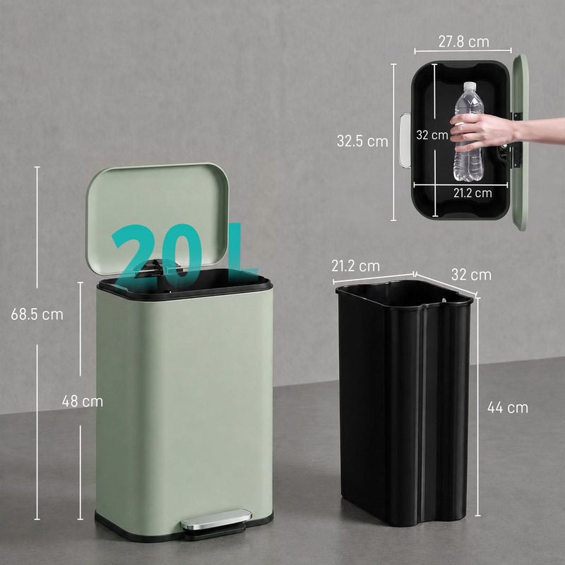 20L pedal bin dimensions diagram showing lid-open height, body height and inner bucket size