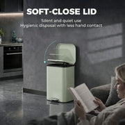Soft-close lid graphic with a pedal bin beside a woman reading on a sofa