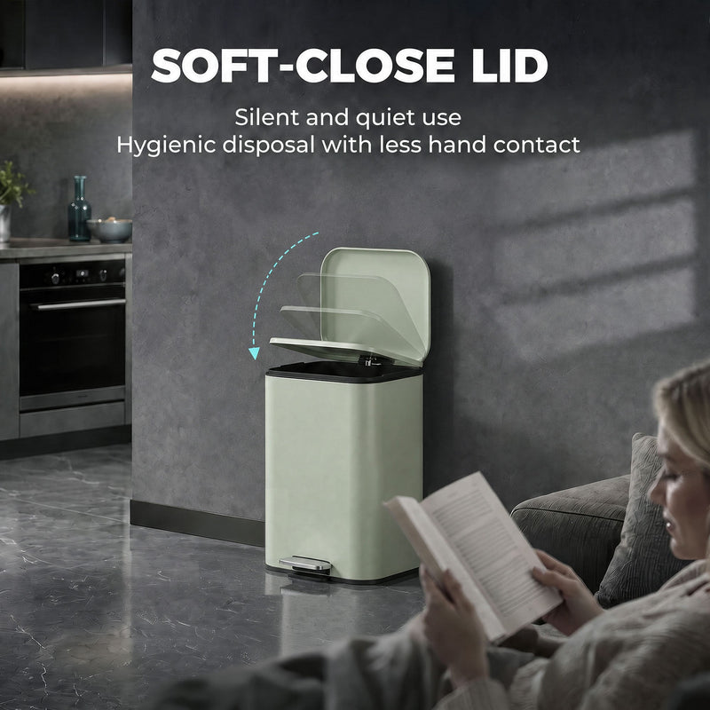 Soft-close lid graphic with a pedal bin beside a woman reading on a sofa