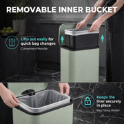 Removable inner bucket graphic showing the bucket lifting out and the bag holder keeping the liner in place