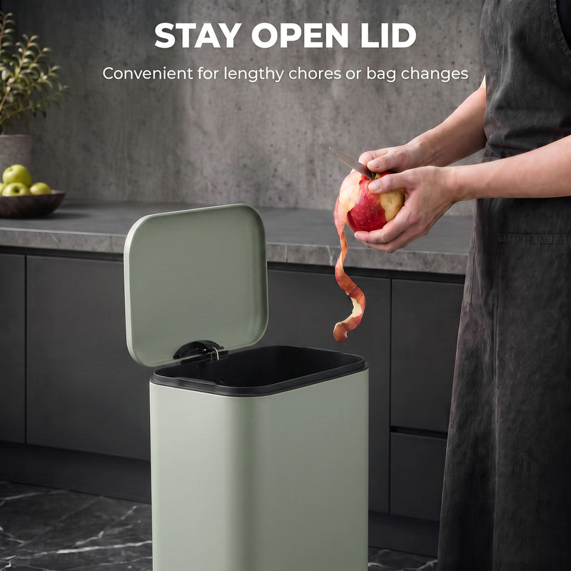 Stay-open lid graphic with a person peeling an apple over an open pedal bin