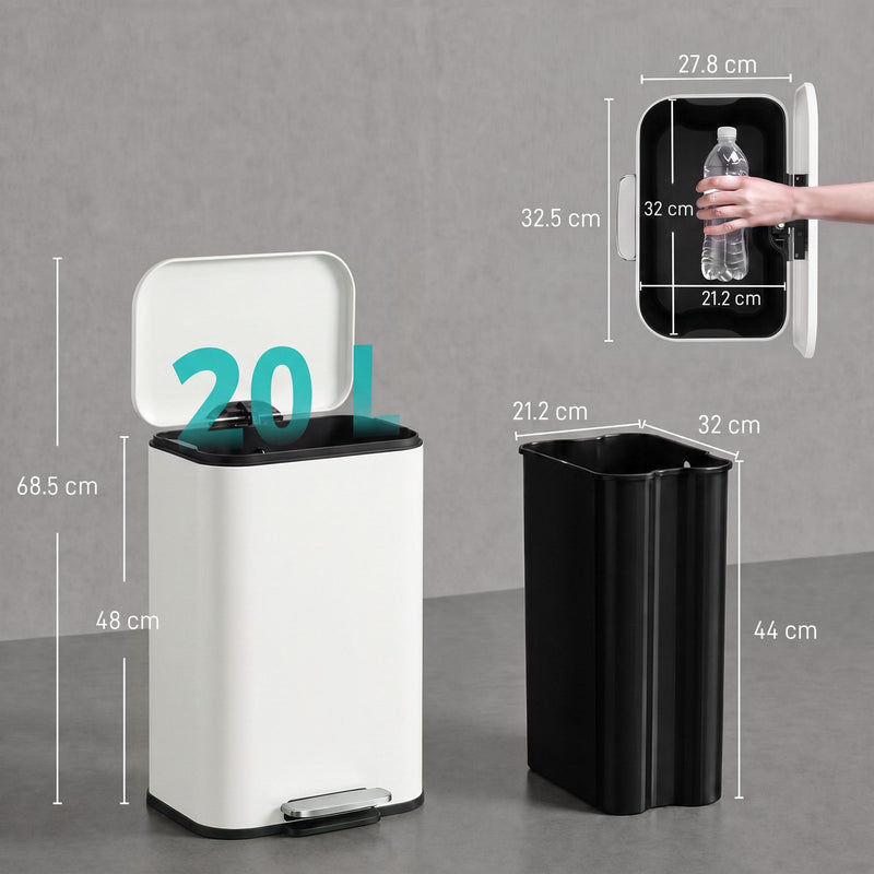 20L pedal bin dimensions diagram showing lid-open height, body height and inner bucket size