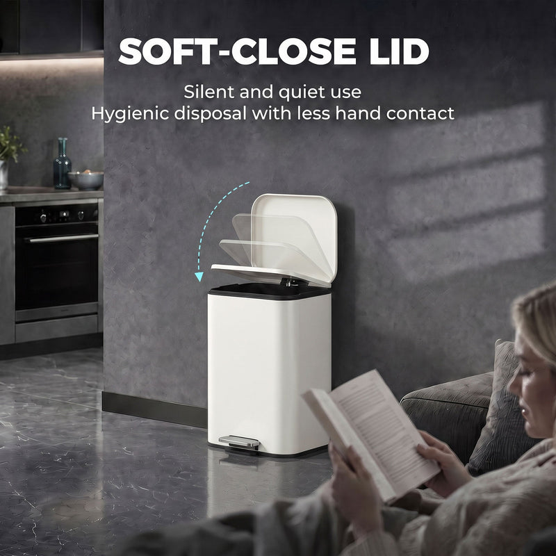 Soft-close lid graphic with a pedal bin beside a woman reading on a sofa