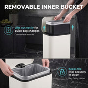 Removable inner bucket graphic showing the bucket lifting out and the bag holder keeping the liner in place