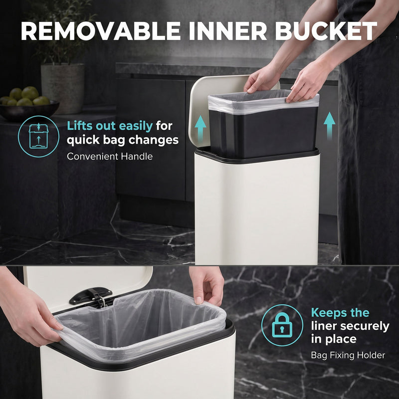 Removable inner bucket graphic showing the bucket lifting out and the bag holder keeping the liner in place
