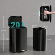 20L pedal bin dimensions diagram showing lid-open height, body height and inner bucket size
