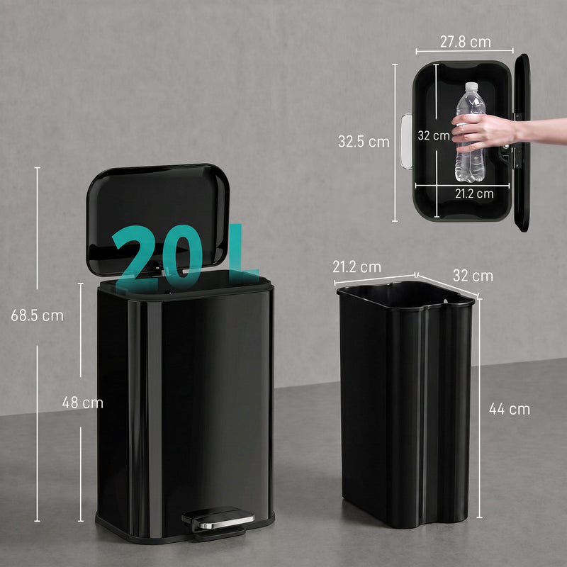 20L pedal bin dimensions diagram showing lid-open height, body height and inner bucket size
