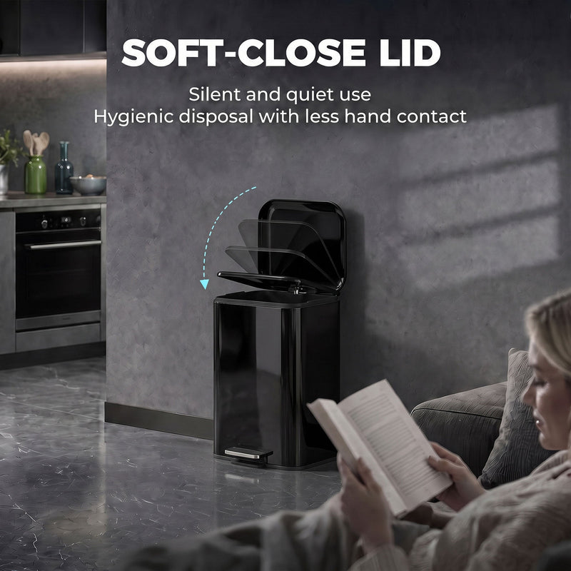 Soft-close lid graphic with a pedal bin beside a woman reading on a sofa