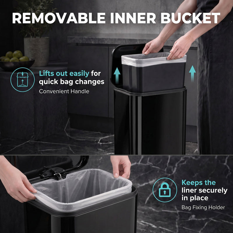Removable inner bucket graphic showing the bucket lifting out and the bag holder keeping the liner in place