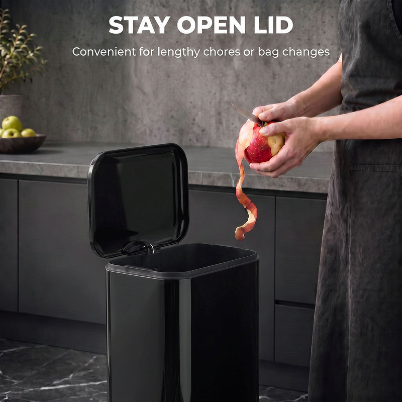 Stay-open lid graphic with a person peeling an apple over an open pedal bin