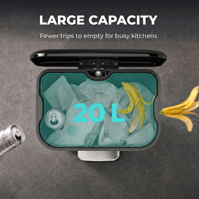 Top view of the 20L pedal bin showing the large opening filled with rubbish