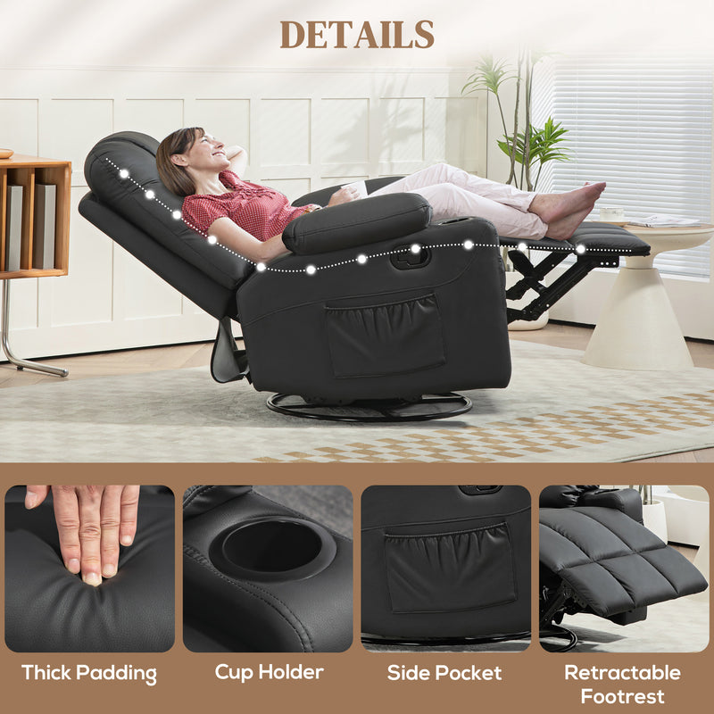 Manual Recliner Armchair With Swivel Base Cup Holders And Footrest For Living Room Black