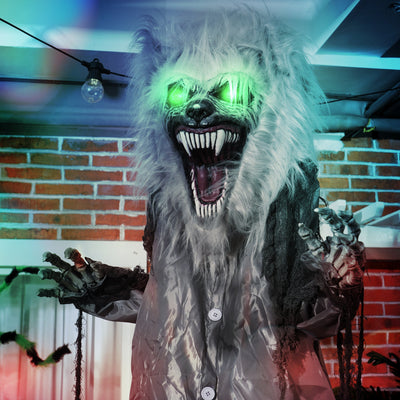 Skeleton werewolf animatronic close-up with glowing green eyes and open jaw