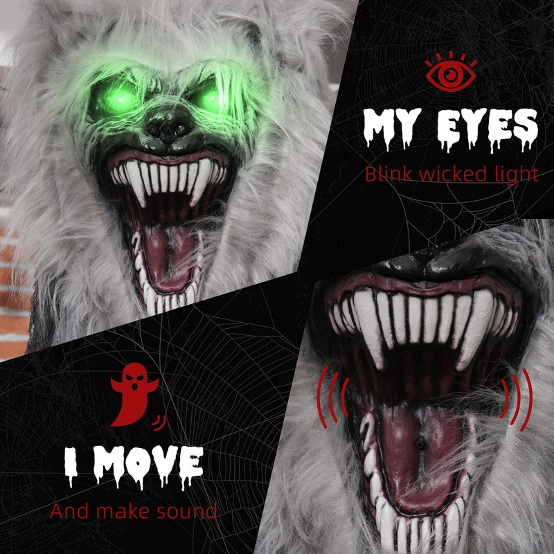 Close-up of the skeleton werewolf's glowing green eyes with blinking light and movement callout