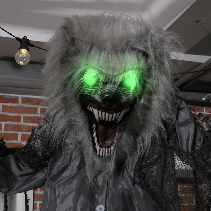 Close-up of the skeleton werewolf's glowing green eyes and grey fur head