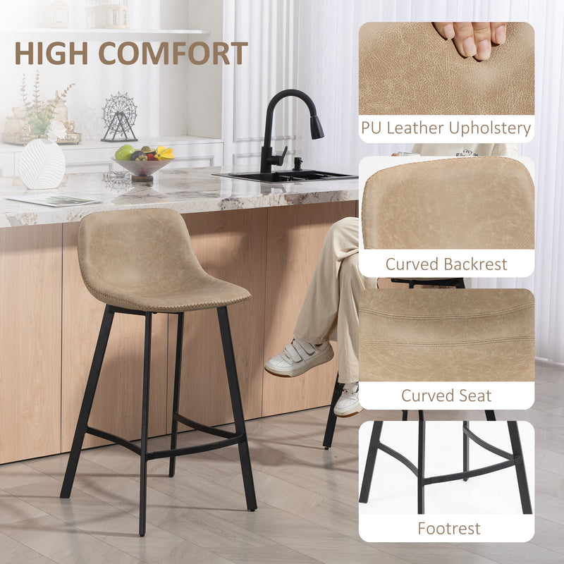Set of 2 PU Leather Bar Stools with Backrest and Footrest for Kitchen or Breakfast Bar Light Brown