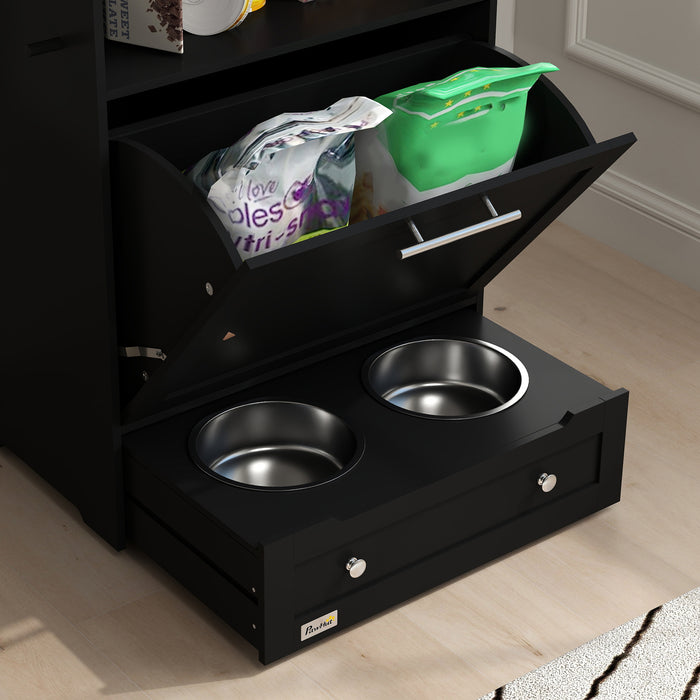 Black Pet Feeder Station With Storage Cabinet and Raised Bowls by PawHut