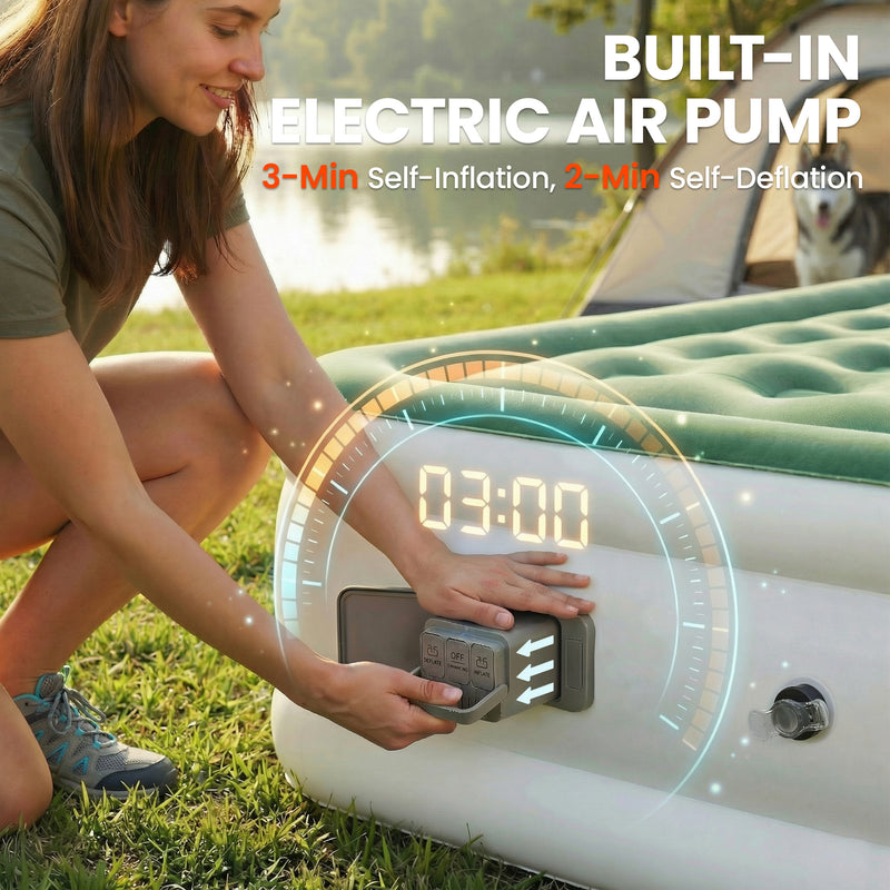 Double Air Bed with Built In Pump for Fast Comfortable Camping or Guest Use Dark Green