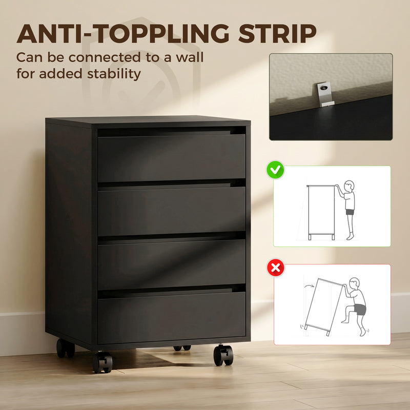 Office Storage Cabinet with 4 Drawers and Lockable Wheels for Tidy Desks Black