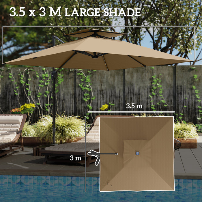 Khaki Cantilever Garden Parasol with Solar LED Lights and UPF50+ Sun Shade by Outsunny