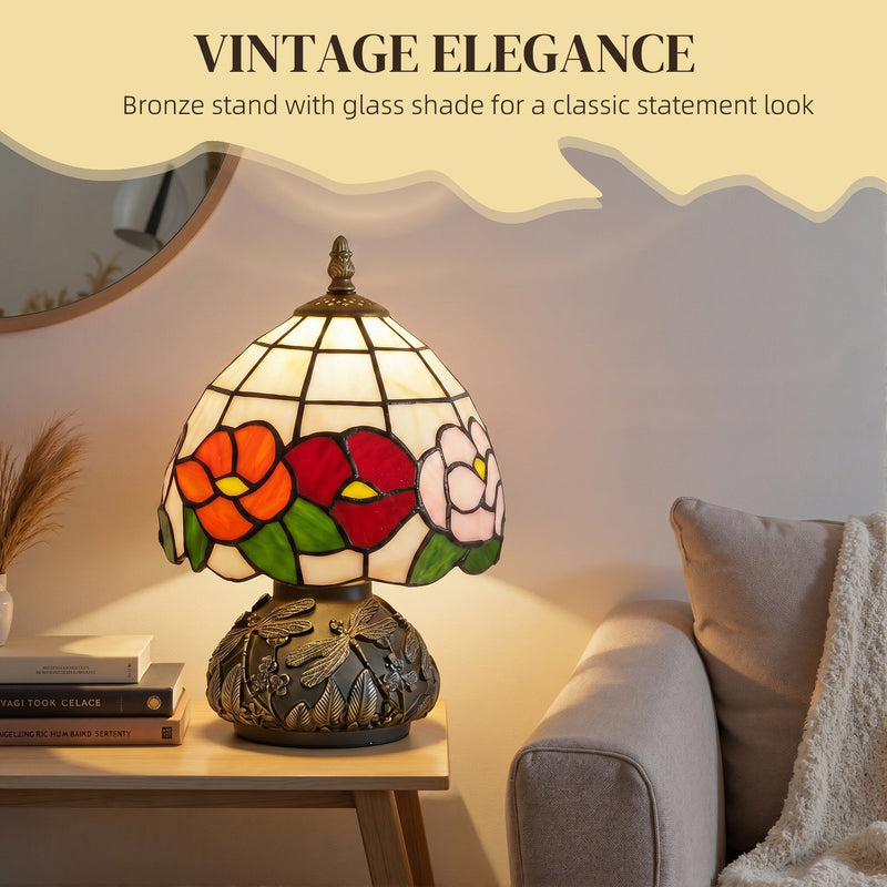 Compact Bedside Table Lamp with Stained Glass Shade for Soft Bedroom Lighting Bronze Multicoloured Homcom