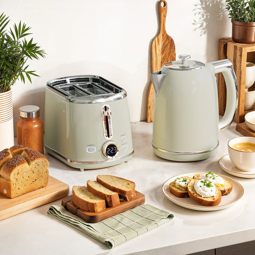 Green Retro Kettle and Toaster Set with Adjustable Temperature Ideal for Breakfast