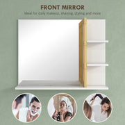 White Bathroom Mirror With Bamboo Frame And Storage Shelves For Modern Interiors