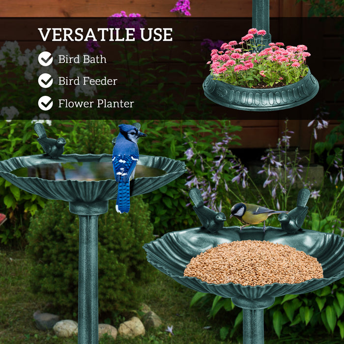 Green 81cm Tall Vintage Style Bird Bath with Decorative Birds and Planter Base by Outsunny