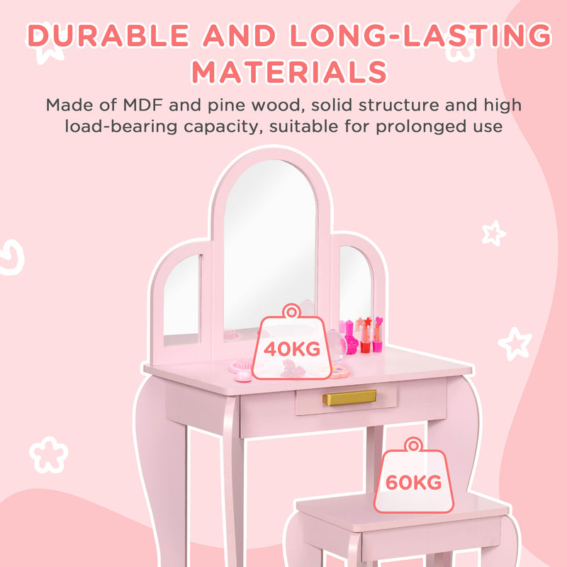 Kids Vanity Dressing Table Set with Mirror and Storage Drawer for Bedroom, Pink