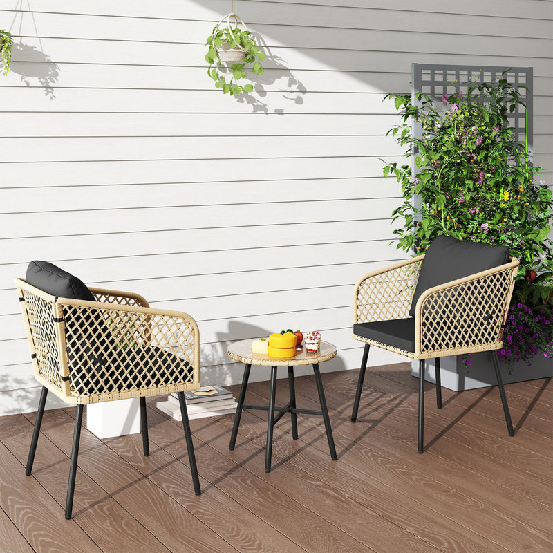 3 Piece Rattan Bistro Set with Cushions Glass Table and Wooden Finish Chairs by Outsunny