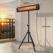 Dimension diagram showing 0.87m heater width and 1.13-1.8m adjustable tripod height