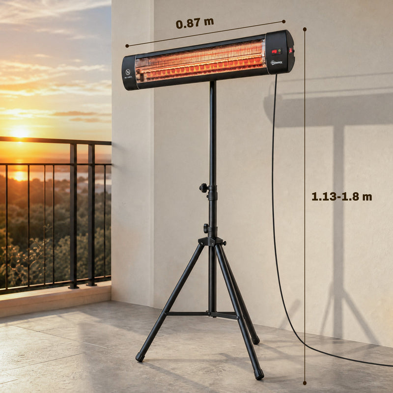 Dimension diagram showing 0.87m heater width and 1.13-1.8m adjustable tripod height