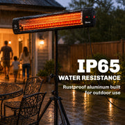 Patio heater running in the rain, illustrating the IP65 weatherproof aluminium body