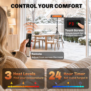 Remote control and touch screen panel showing 3 heat levels and 24 hour timer