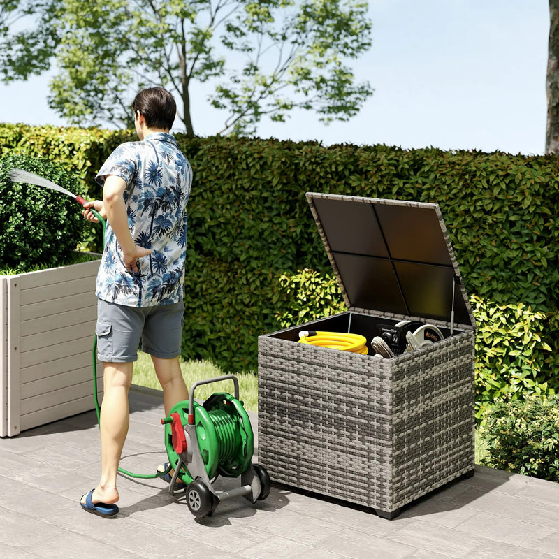253L PE Rattan Garden Storage Box with Waterproof Liner for Garden Tools and Cushions Outsunny