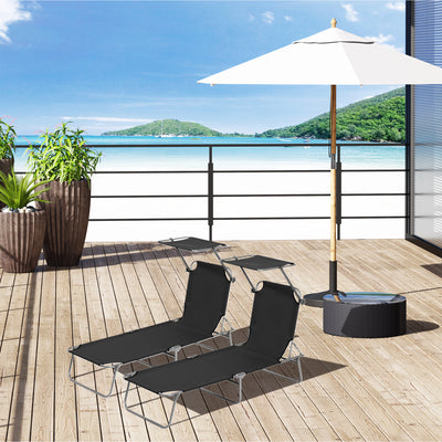 Black Foldable Sun Lounger Set With Adjustable Backrest And Sun Shade For Garden Patio