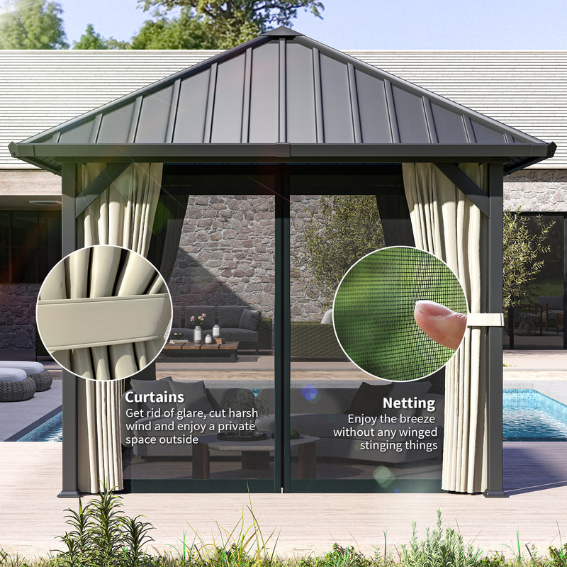 3x3m Metal Garden Gazebo with Waterproof Galvanised Steel Roof and Privacy Curtains for Year Round Outdoor Shelter Black