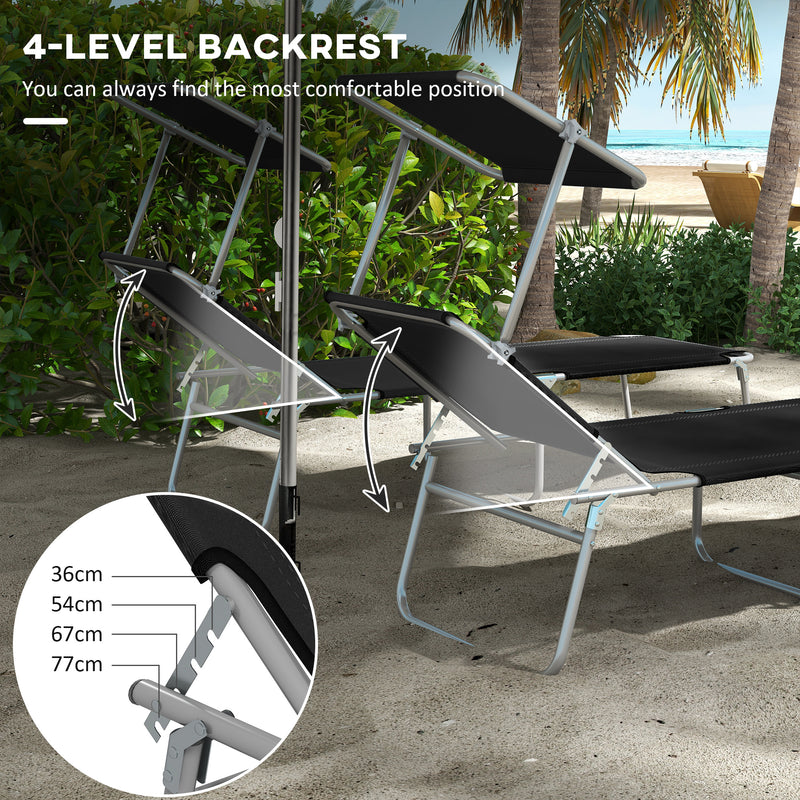 Black Foldable Sun Lounger Set of 2 With Sun Shade and Adjustable Backrest by Outsunny