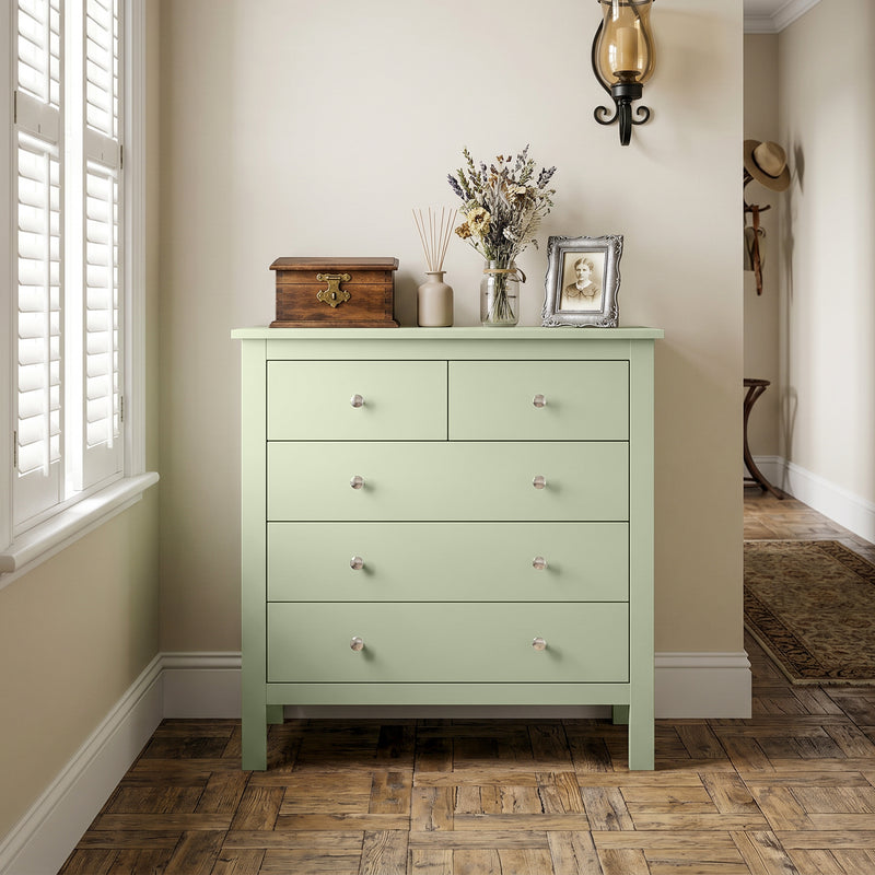 Chest of Drawers with 5 Wide Storage Drawers for Organising Bedroom Clothes Sage Green