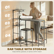 Breakfast Bar Table and Stools Set with Shelves and Wine Glass Rack for Small Spaces Washed Grey AOSOM