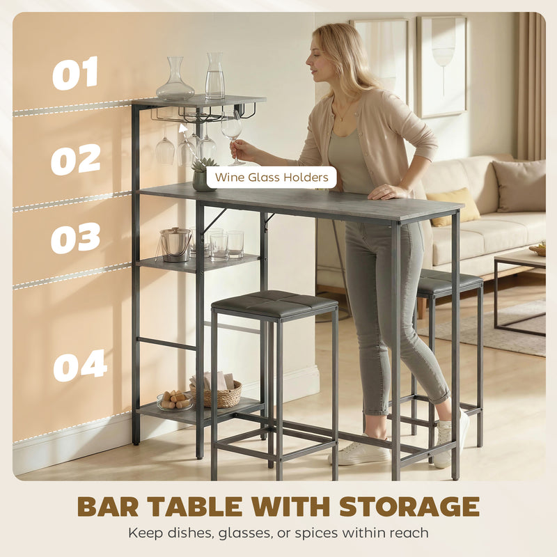 Breakfast Bar Table and Stools Set with Shelves and Wine Glass Rack for Small Spaces Washed Grey AOSOM