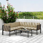 4 Piece Metal Garden Furniture Set with Glass Table and Padded Cushions Khaki by Outsunny