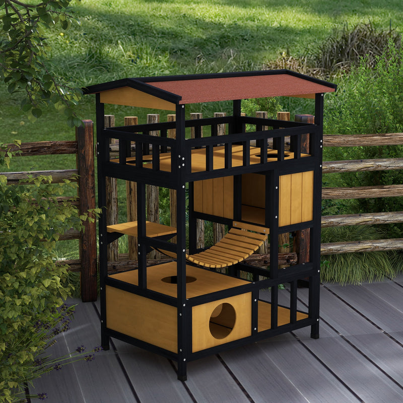 Four Tier Wooden Outdoor Cat House with Balcony and Escape Doors for Feral Cats, Grey