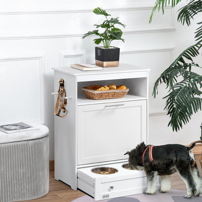 Pet Feeder Station with Raised Bowls Storage Cabinet and Hooks for Dogs and Cats, White