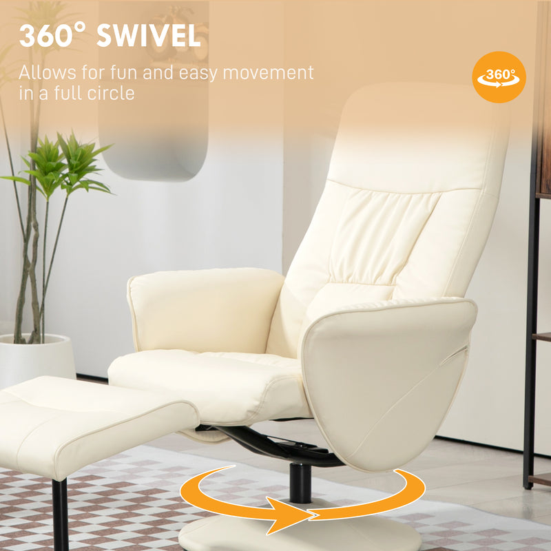 Swivel Recliner Chair with Footstool and High Back for Lounge Comfort, Cream White