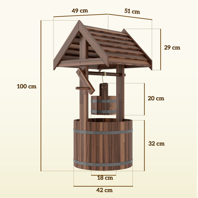 Outsunny Wood Wishing Well for Outside with Hanging Bucket, Wishing Well Planter with Drain Hole for Garden Patio, Carbonized AOSOM