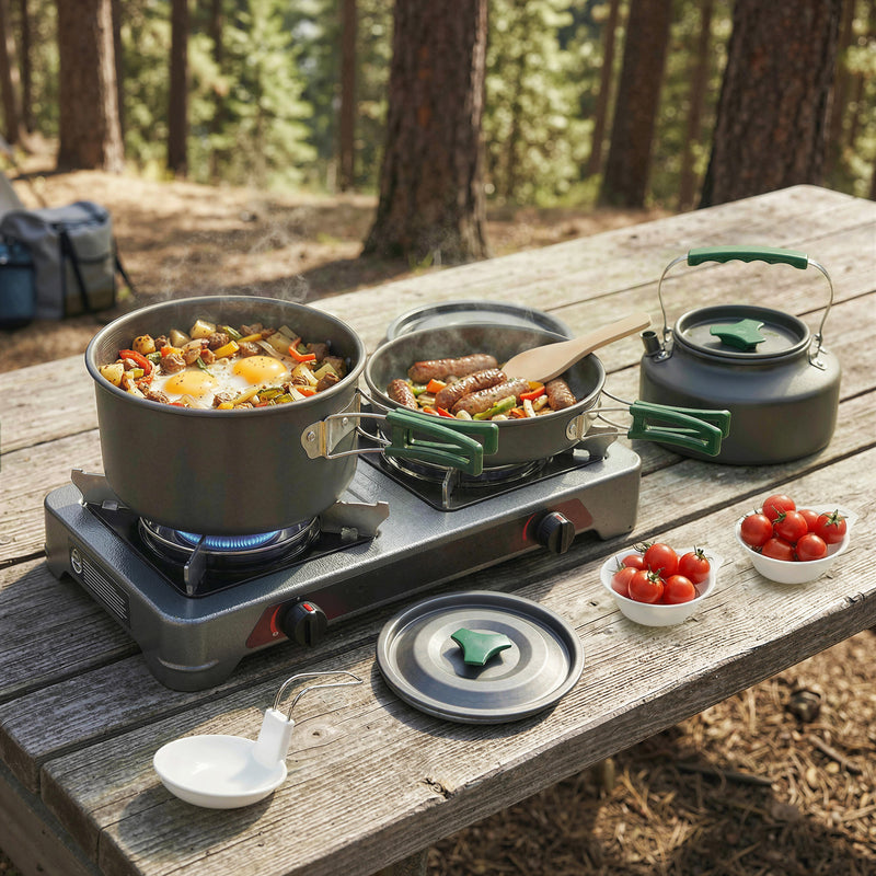 Camping Cookware Set for 2–3 People with Fast Heating and Compact Nesting Design Grey Army Green