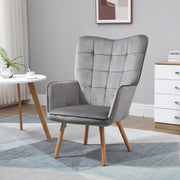 Grey Velvet Wingback Armchair with Tufted Upholstery for Lounge or Bedroom Comfort
