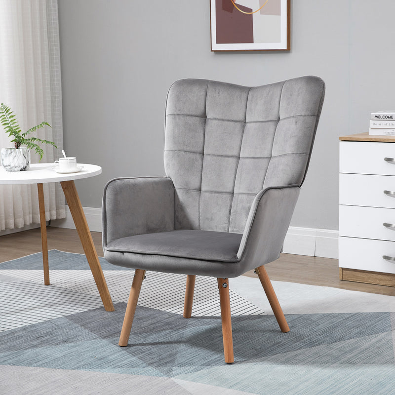 Grey Velvet Wingback Armchair with Tufted Upholstery for Lounge or Bedroom Comfort