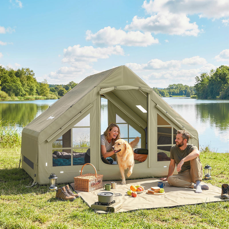 Inflatable Camping Tent With Pump, Stove Jack, Mesh Windows, 2–4 Person, Olive Green